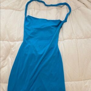Blue Strapless Dress with Braided Straps